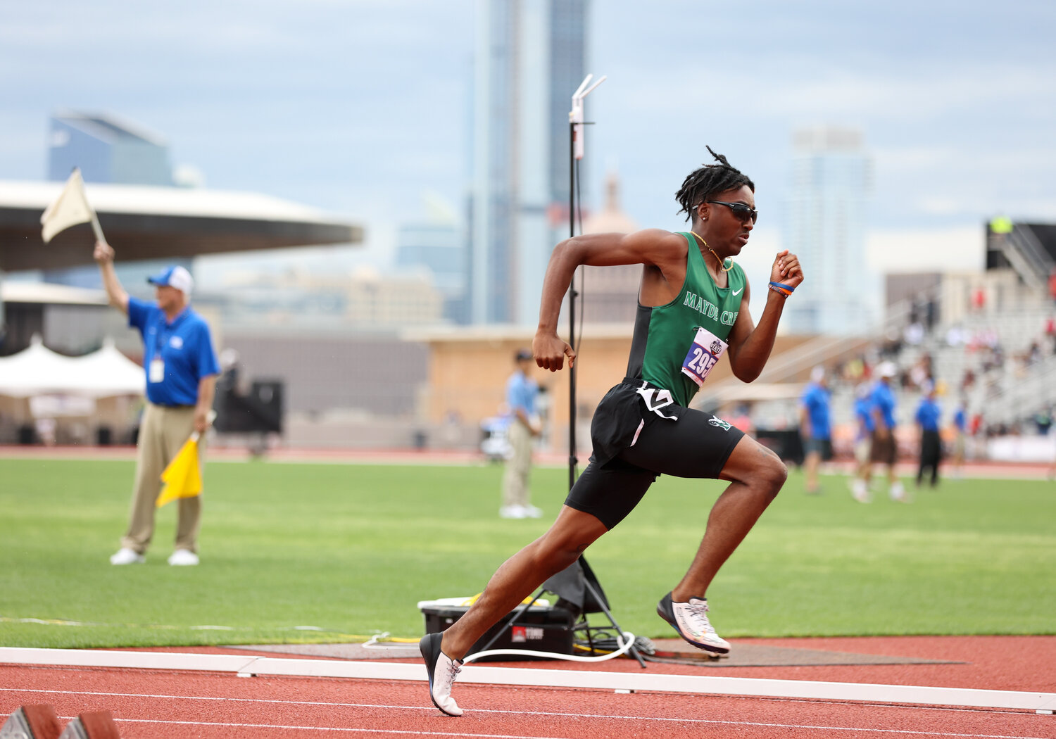Elijah Ferguson of Mayde Creek High School (2950) runs in the Class 6A boys 400-meter dash during the UIL State Track and Field Meet on Saturday, May 13, 2023 in Austin.