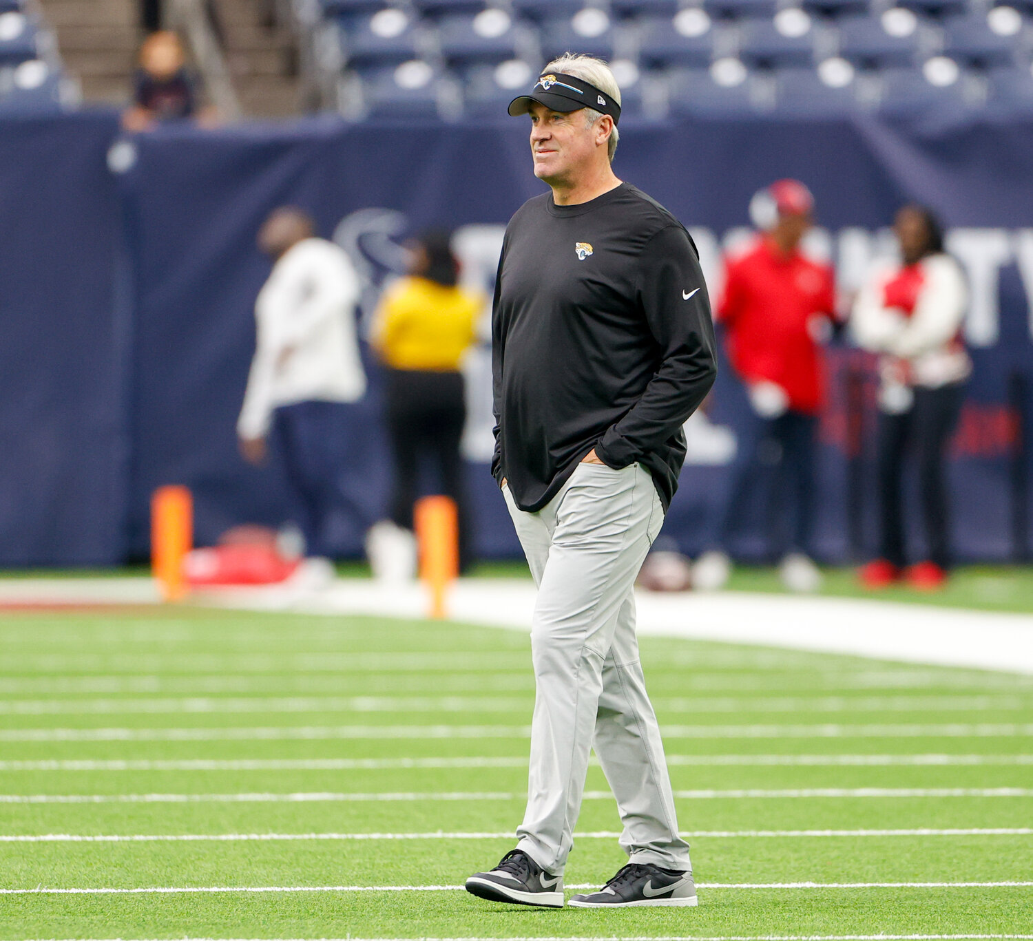 Jacksonville Jaguars head coach Doug Pederson on the field before an NFL game between the Texans and the Jaguars on November 26, 2023, in Houston.