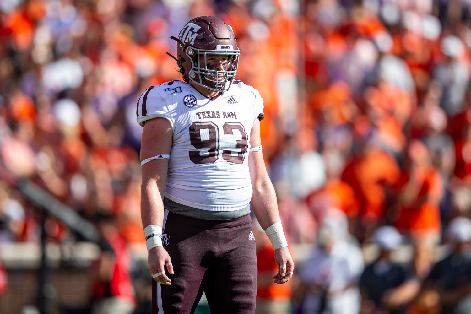 CLEMSON, SC - SEPTEMBER 07, 2019 - defensive lineman Max Wright #93 of the Texas A&M Aggies during the game between the Clemson Tigers and the Texas A&M Aggies at Clemson Memorial Stadium in Clemson, SC. Photo By Craig Bisacre/Texas A&M Athletics