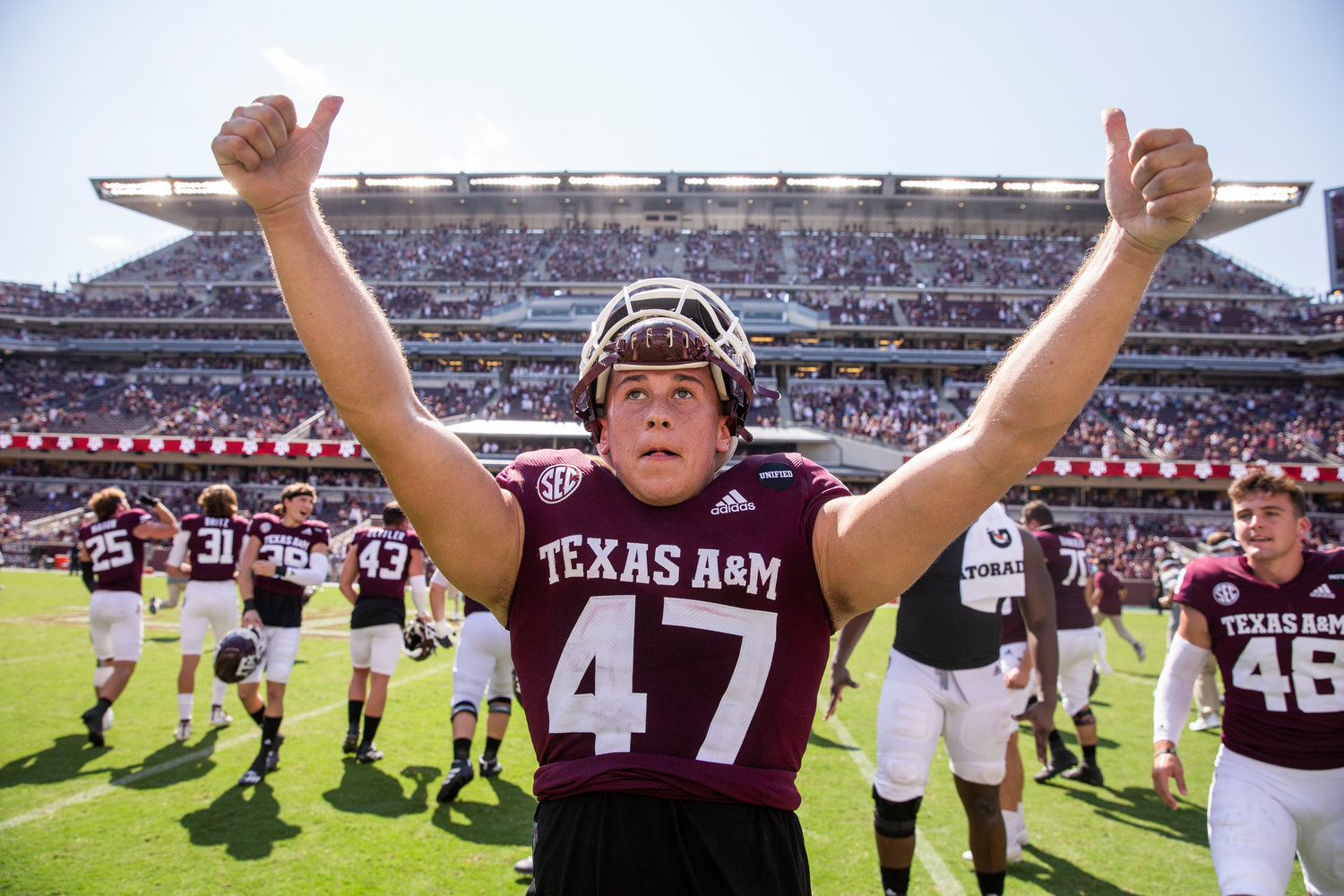 COLLEGE STATION, TX - OCTOBER 10, 2020 - Place kicker Seth Small #47 of the Texas A&M Aggies during the game between the Florida Gators and the Texas A&M Aggies at Kyle Field in College Station, TX. Photo By Craig Bisacre