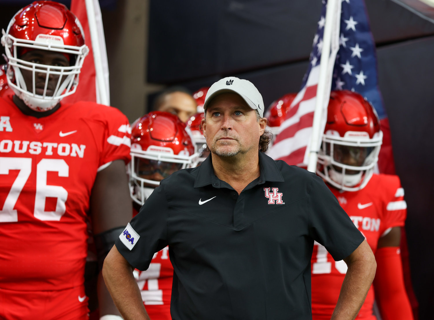 Houston Cougars head coach Dana Holgerson prepares to lead his field onto the team for an NCAA football game between Houston and Texas Tech on September 4, 2021 in Houston, Texas.