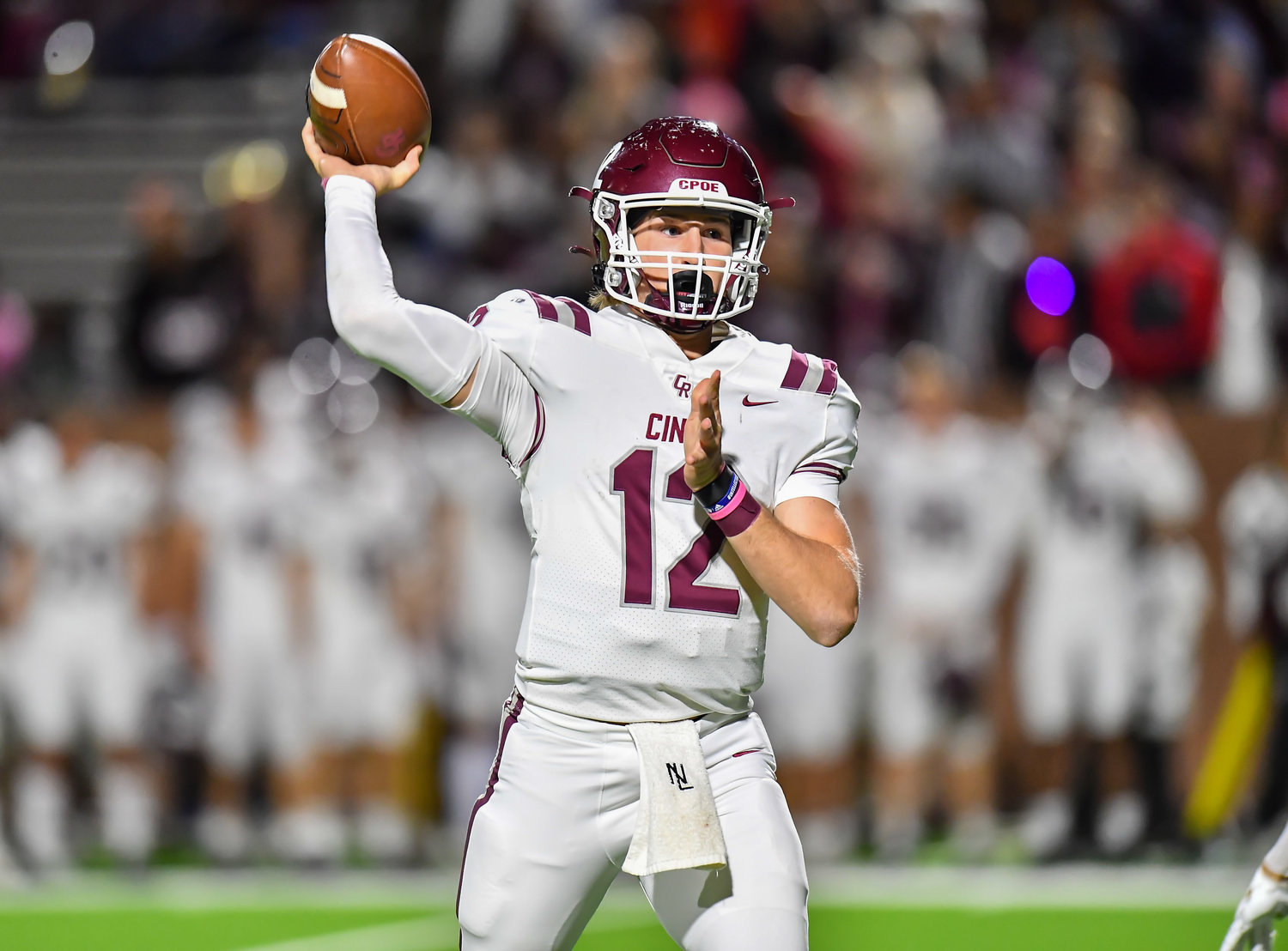 Katy, Tx. Oct. 29, 2021: Cinco Ranch's QB Gavin Rutherford #12 delivers a pass during a conference game between Cinco Ranch and Morton Ranch at Rhodes Stadium in Katy. (Photo by Mark Goodman / Katy Times)