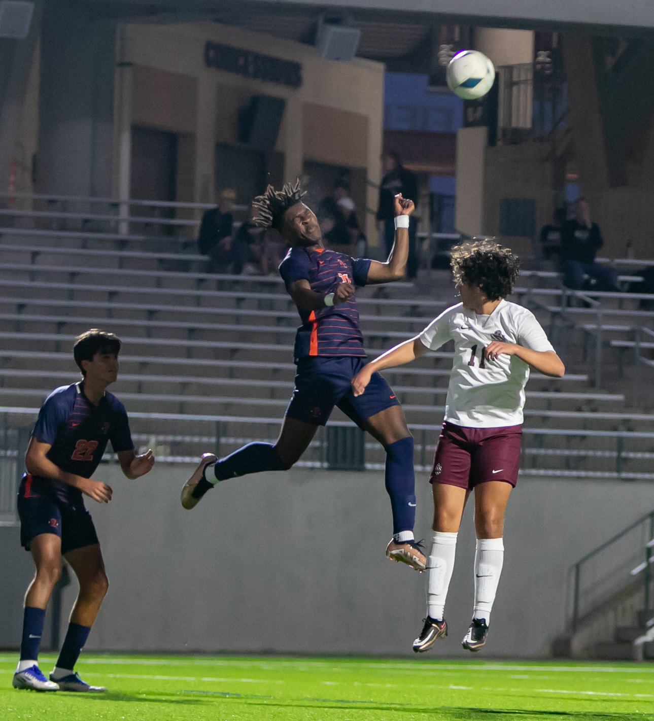 Daniel Ejerenwa heads a ball during Friday's Class 6A Regional Quarterfinal game between Seven Lakes and Cinco Ranch at Legacy Stadium.