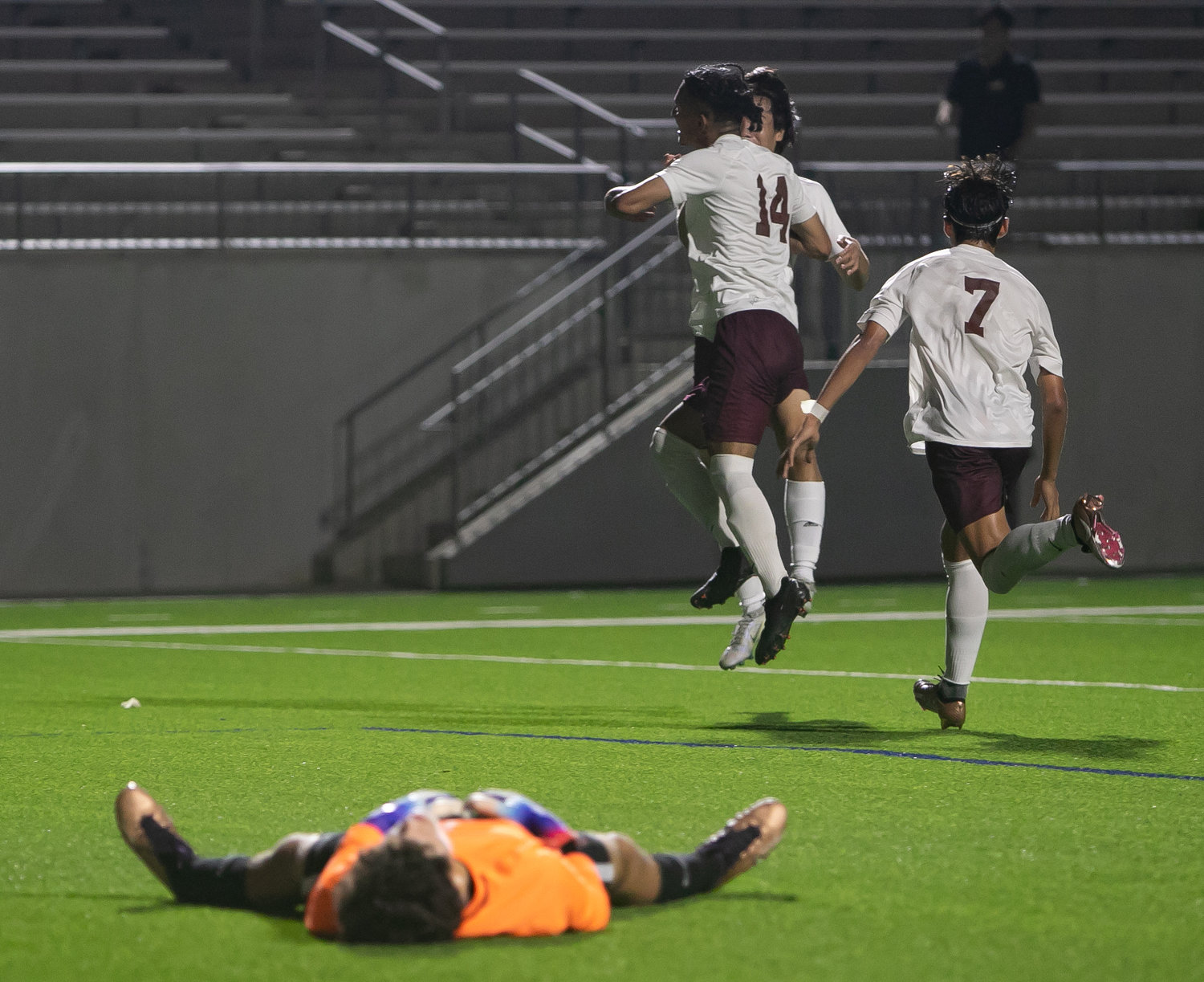 Gabriel Gonzlaez and teammates reel away in celebration after scoring during Friday's Class 6A Regional Quarterfinal game between Seven Lakes and Cinco Ranch at Legacy Stadium.