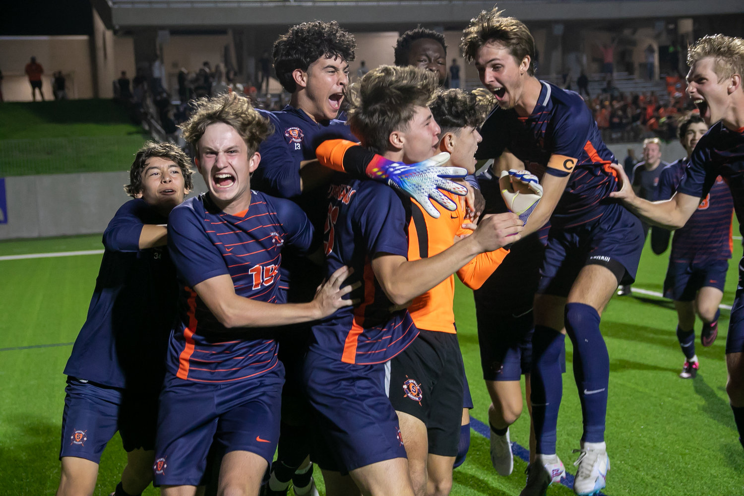 Seven Lakes players celebrate after winning Friday's Class 6A Regional Quarterfinal game between Seven Lakes and Cinco Ranch at Legacy Stadium.