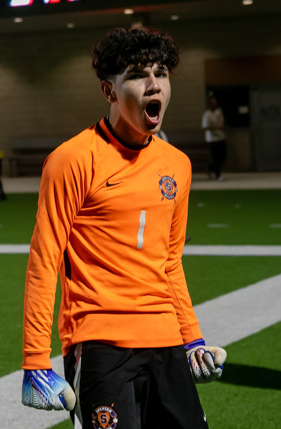 Ben Aviles Vera celebrates after making the game winning penalty kick save during Friday's Class 6A Regional Quarterfinal game between Seven Lakes and Cinco Ranch at Legacy Stadium.