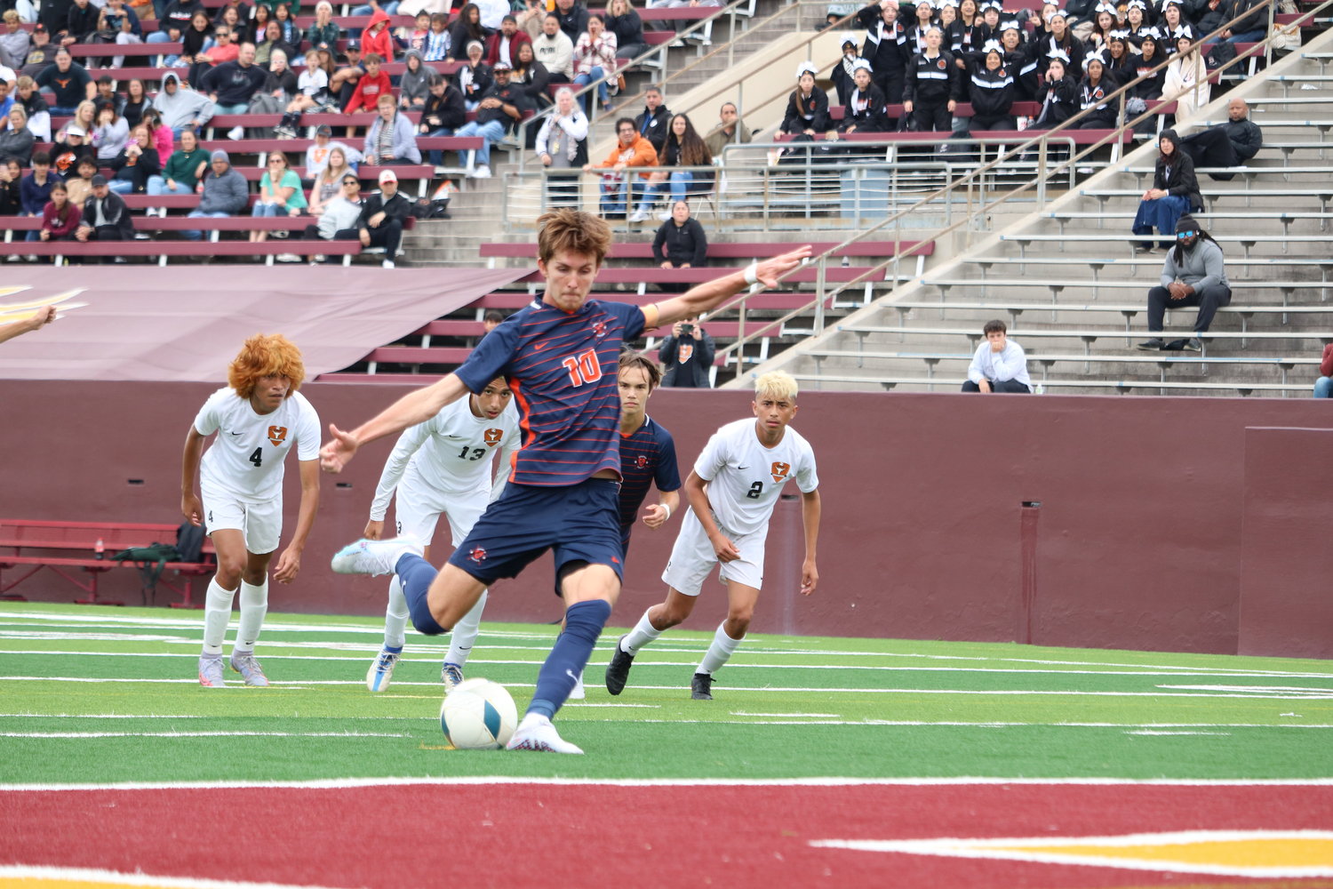 Aidan Morrison takes a penalty during Saturday's Region III Class 6A Final between Seven Lakes and Dobie at Abshier Stadium in Deer Park.