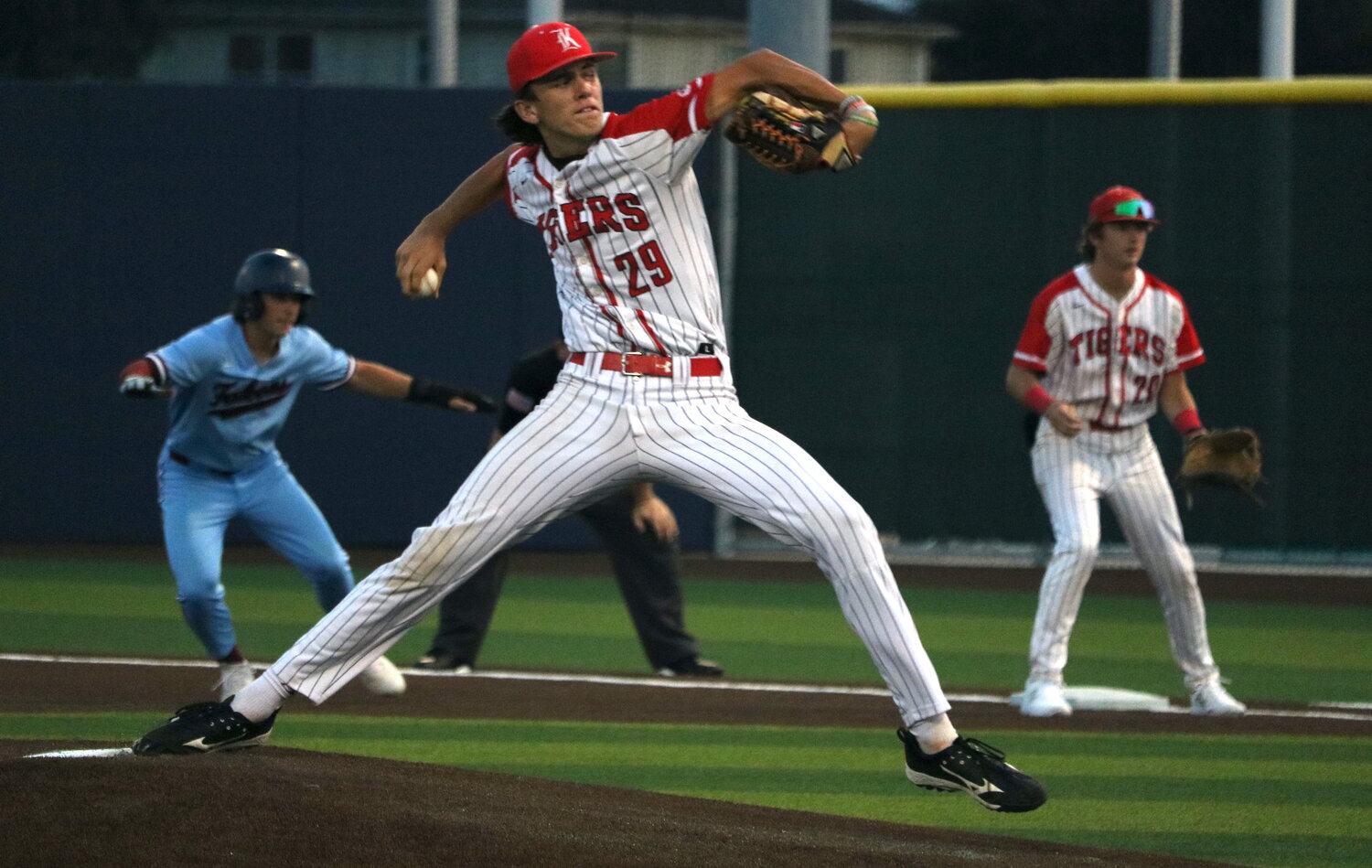Aaron Brashear pitches during Thursday's Regional Quarterfinal game between Katy and Tompkins at Cy-Springs.