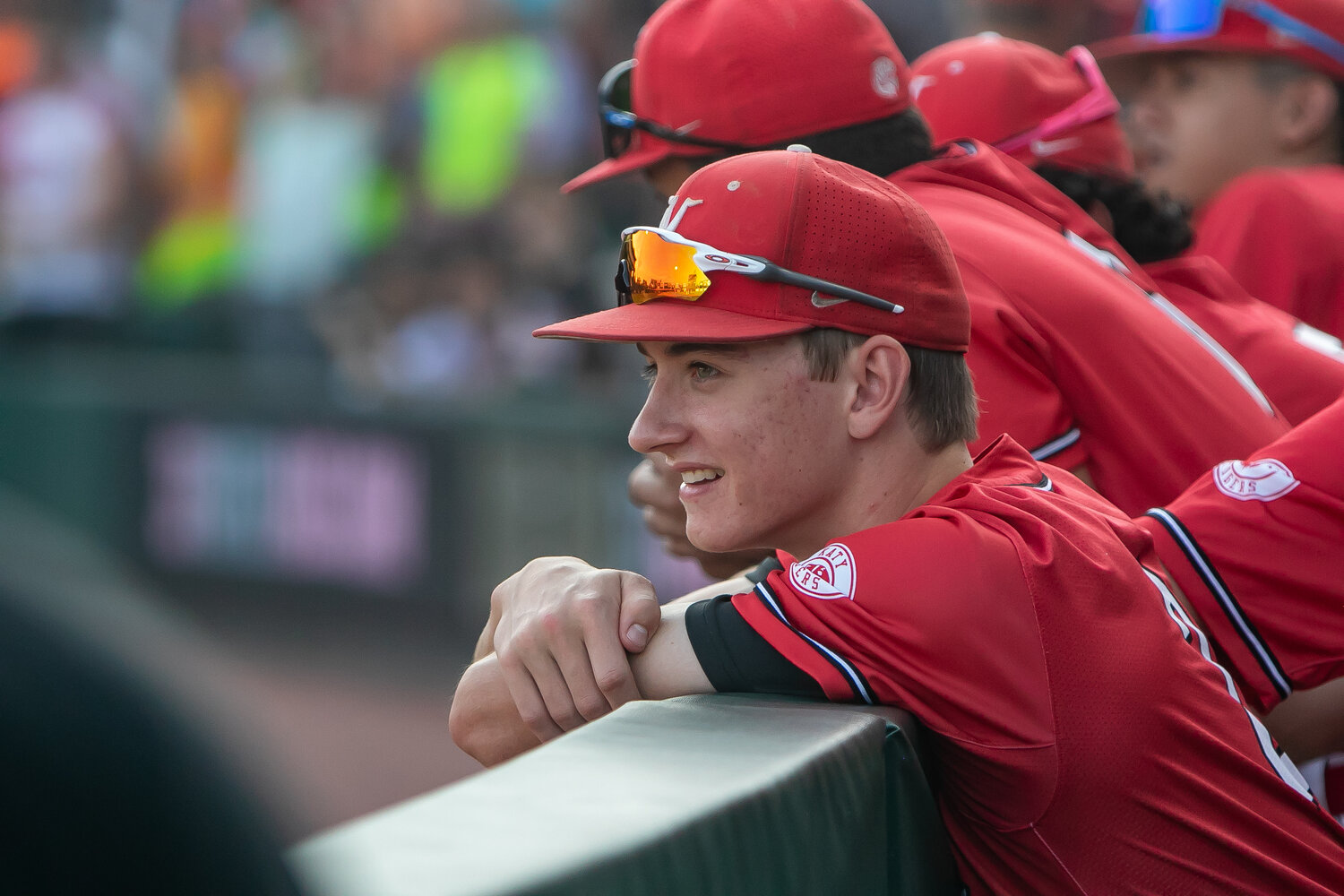 Katy players look on from the dugout during Friday's Regional Final between Katy and Pearland at Constellation Field in Sugar Land.