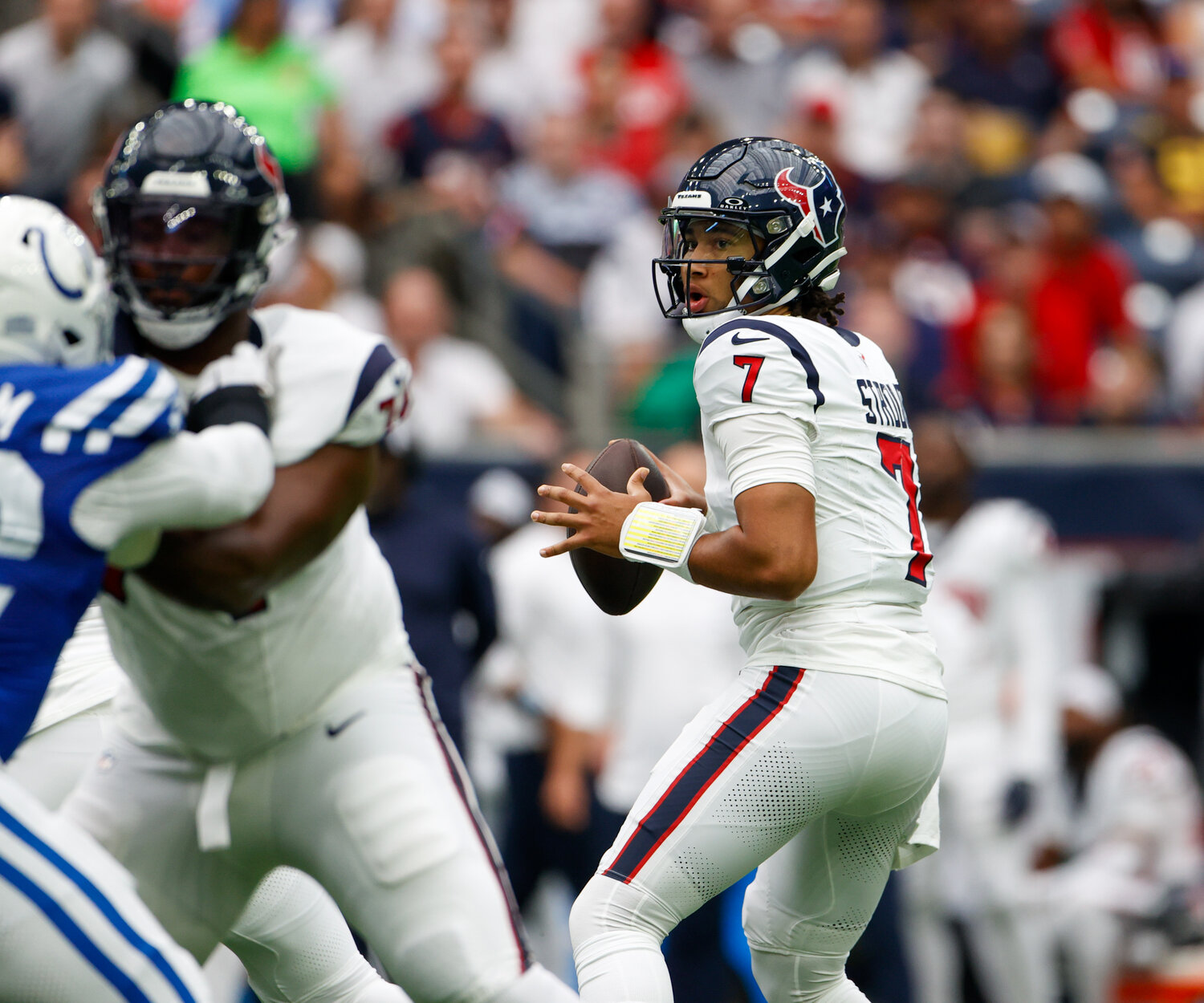 Texans quarterback C.J. Stroud (7) looks to pass the ball during an NFL game between the Texans and the Colts on September 17, 2023 in Houston. The Colts won, 31-20.