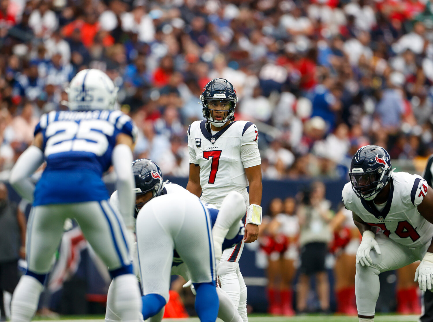 Texans quarterback C.J. Stroud (7) prepares for a snap during an NFL game between the Texans and the Colts on September 17, 2023 in Houston. The Colts won, 31-20.